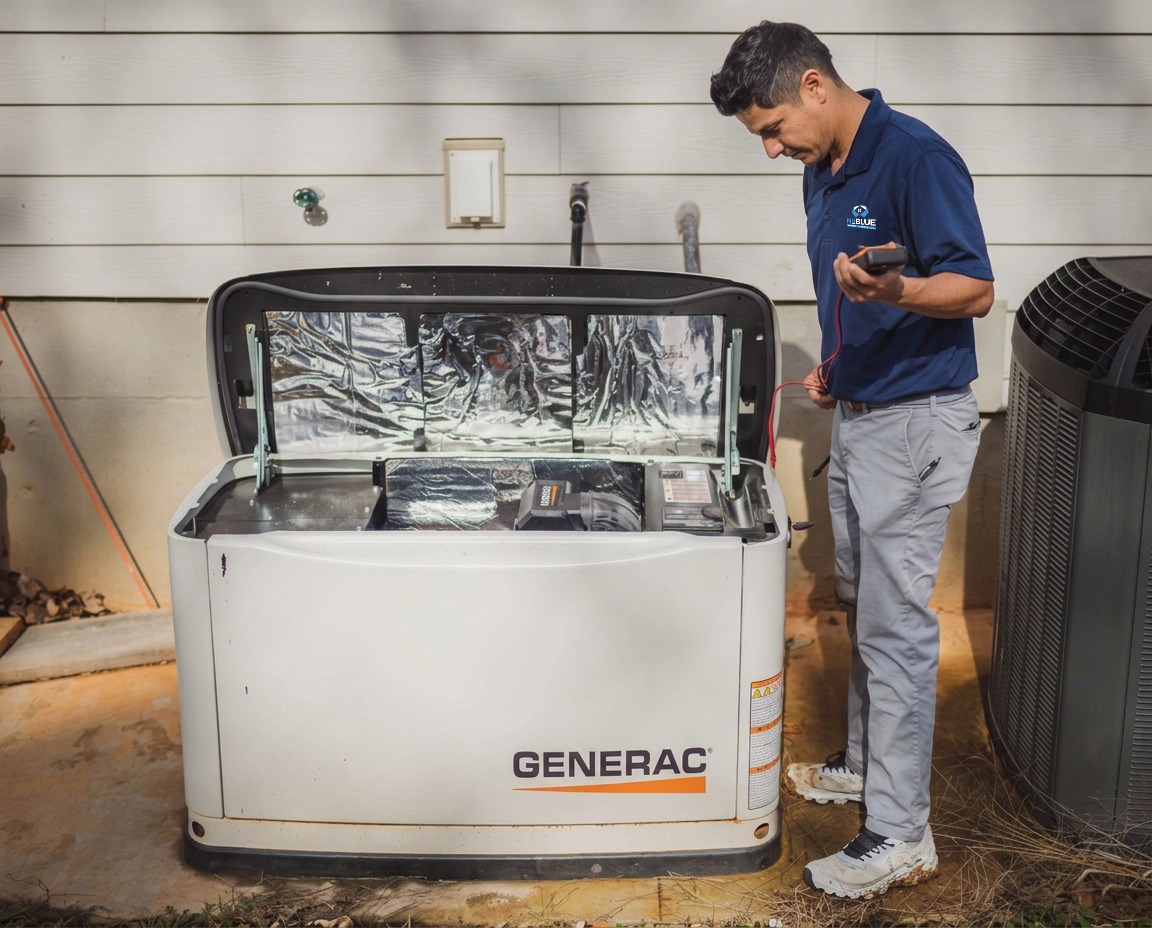 A NuBlue technician working on a generator